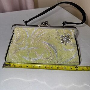 Vintage Glenda Gies Green Silver Metallic Brocade Rhinestone Brooch Evening Bag